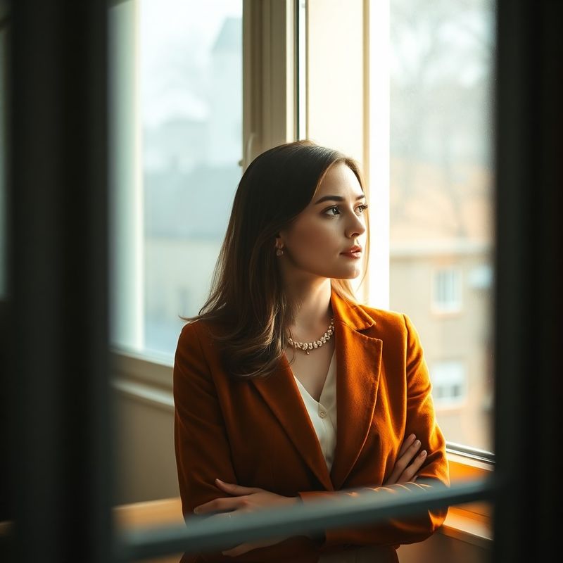 Tânără profesionistă privind gânditor pe fereastra unui birou din Sibiu